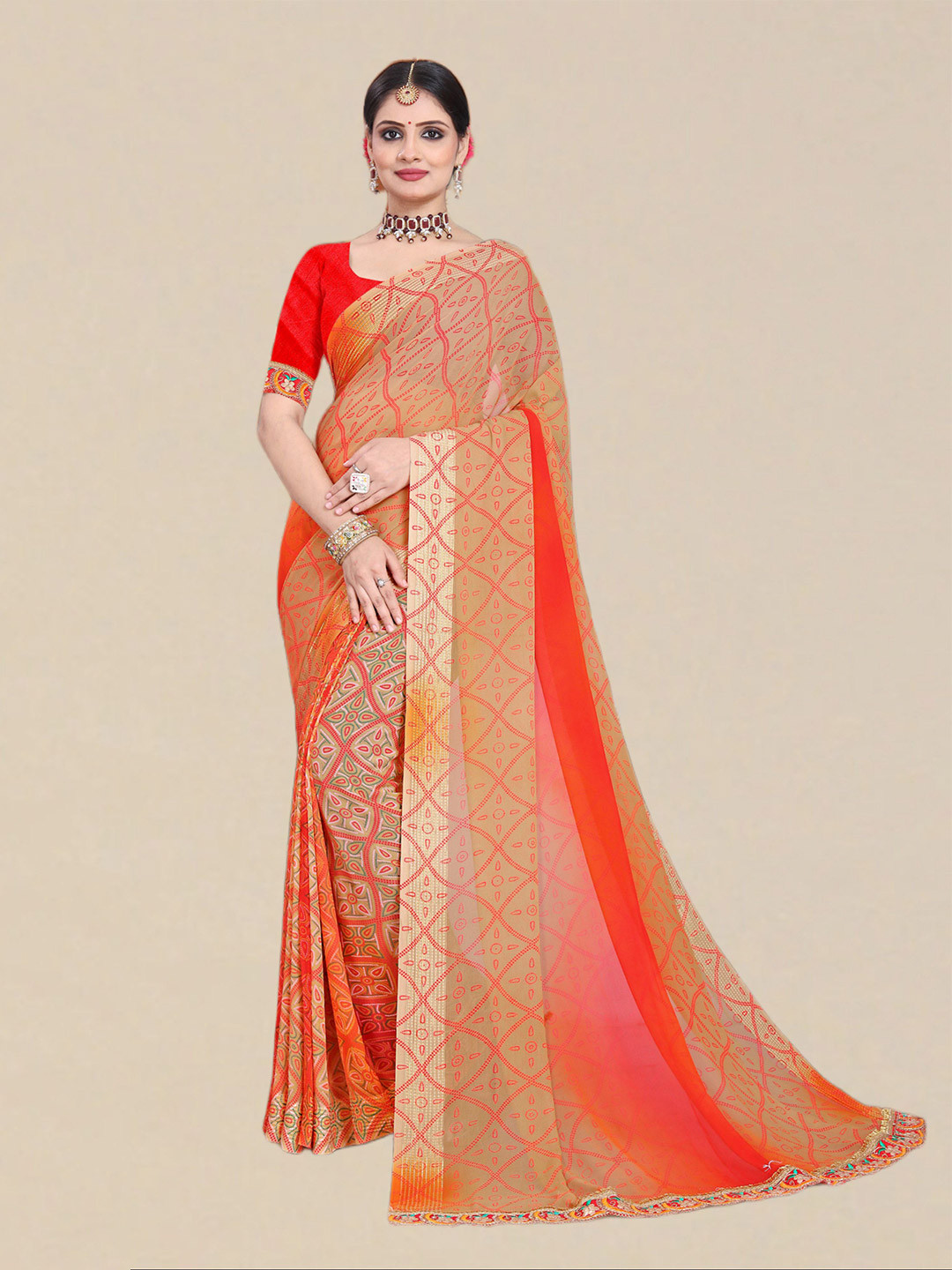 

DIVASTRI Bandhani Poly Georgette Bandhani Saree, Beige