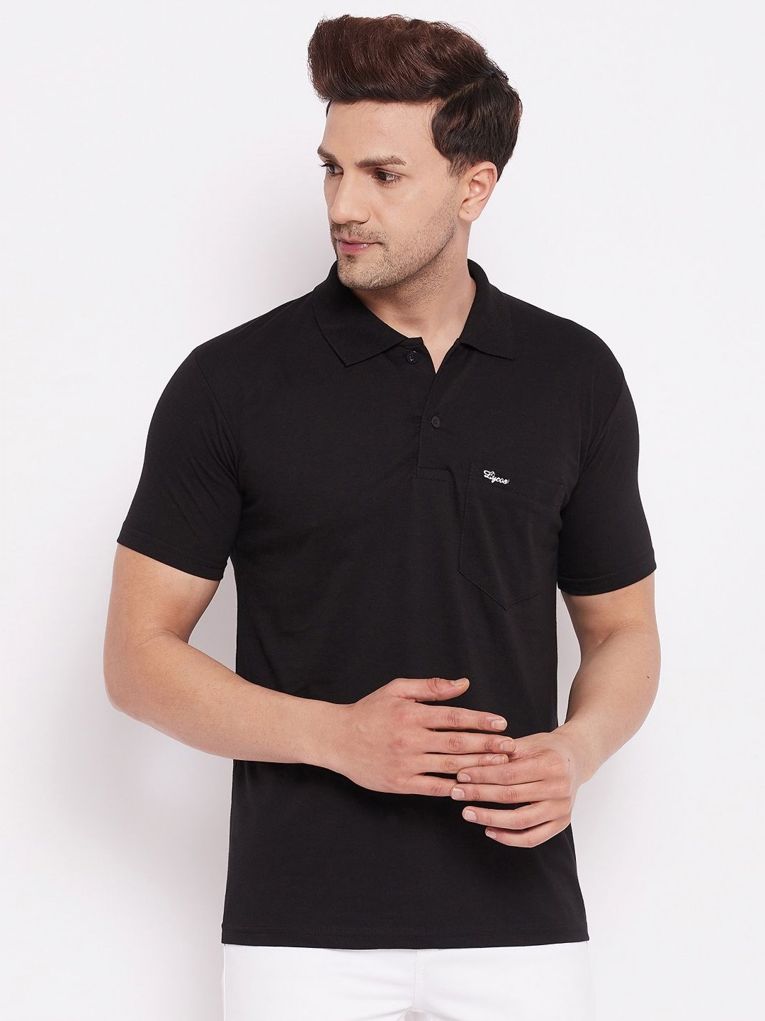 

LYCOS Men Solid Polo Collar Cotton T-shirt, Black