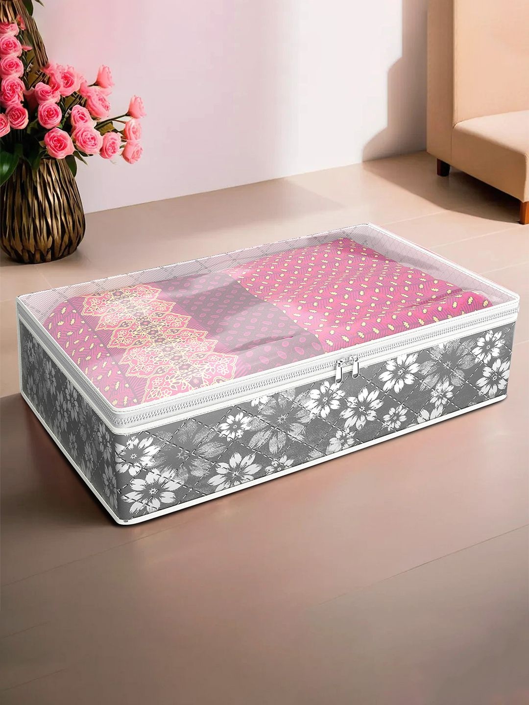 

Kuber Industries Grey Flower Quilted Printed With Top Visible Window Organiser
