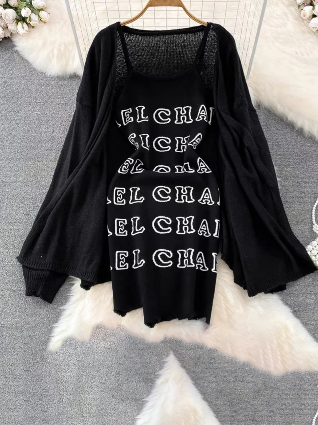 

MADE FOR HER LABEL Printed Bodycon Mini Dress With Shrug, Black