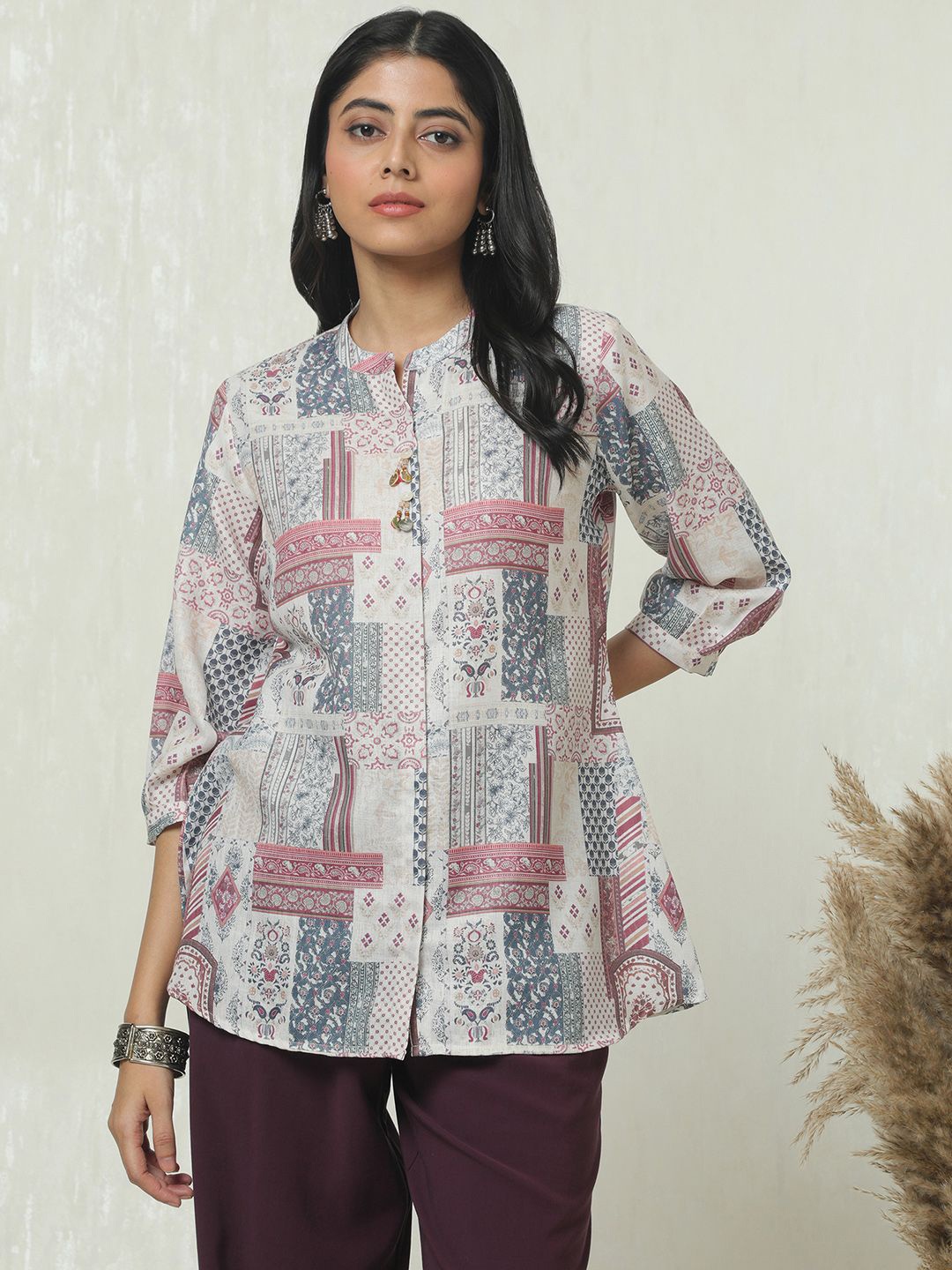 

Soch Linen Mandarin Collar Printed Tunic, Cream