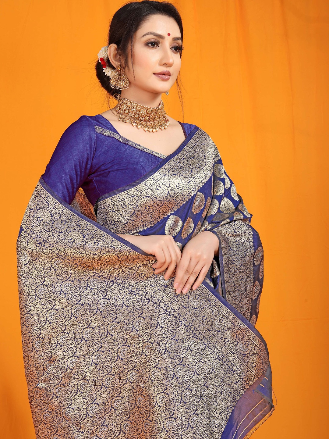 

Kandora Ethnic Motifs Zari Pure Silk Paithani Saree, Navy blue
