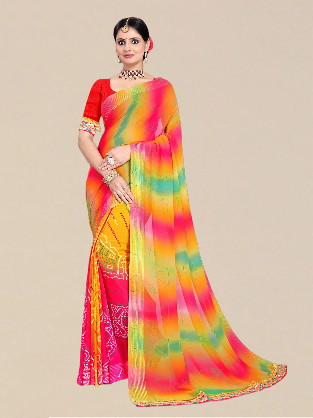 

DIVASTRI Bandhani Poly Georgette Bandhani Saree, Pink