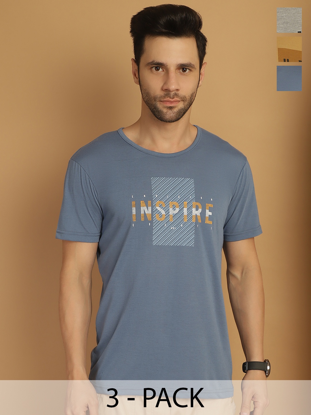 

MACK JONNEY Men Pack Of 3 Typography Printed Round Neck Cotton T-shirts, Blue