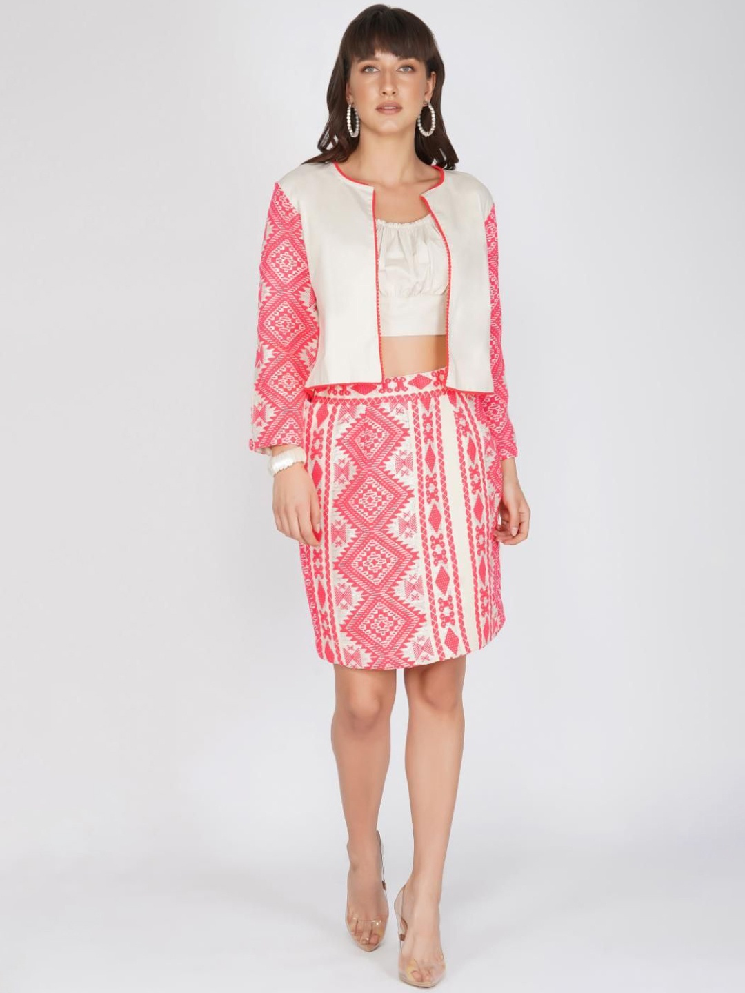 

KOVET Printed Pure Cotton Jacket With Skirt, Pink