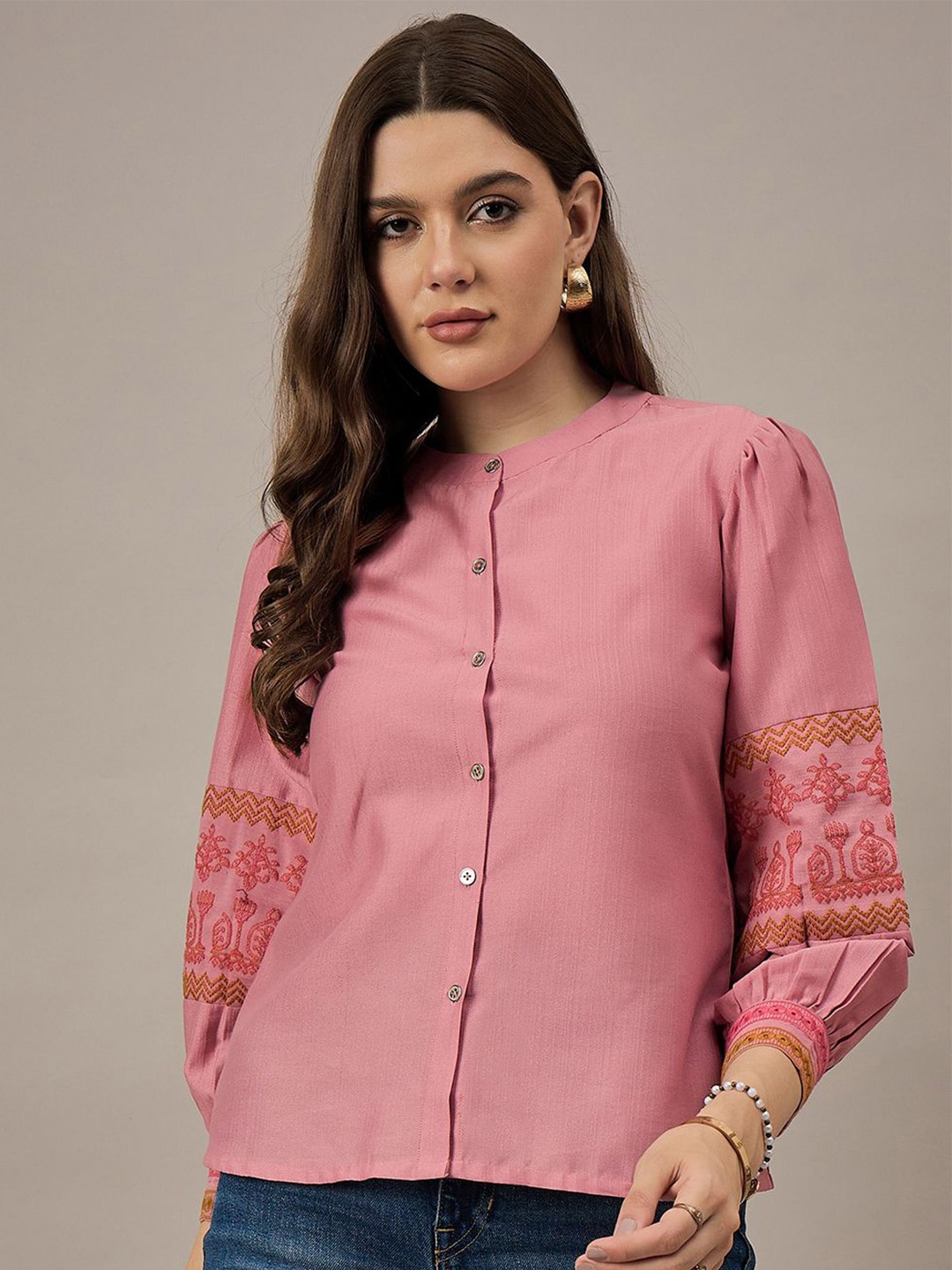 

CORSICA Geometric Mandarin Collar Shirt Style Top, Pink