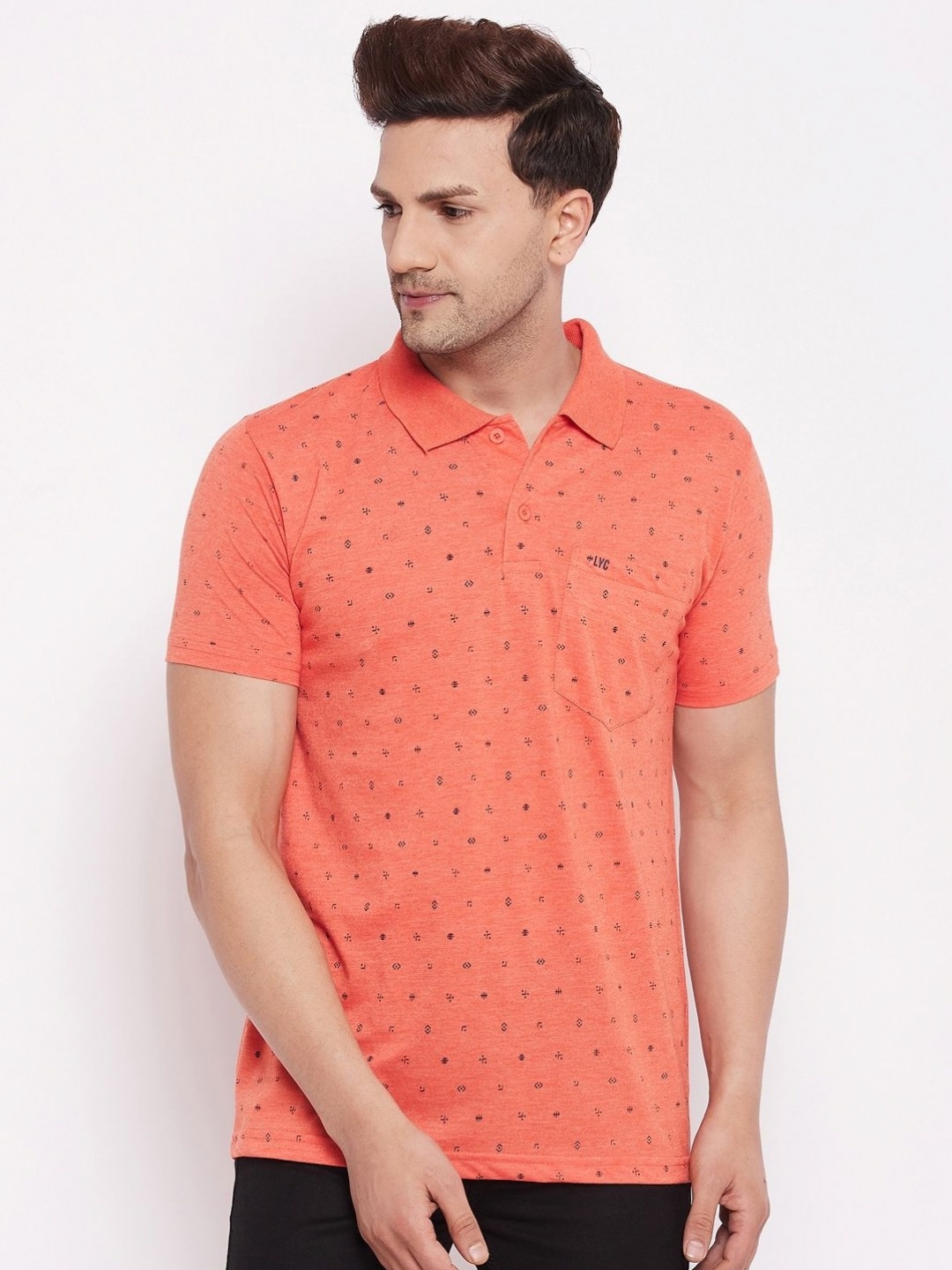 

LYCOS Men Geometric Printed Polo Collar Cotton T-shirt, Orange