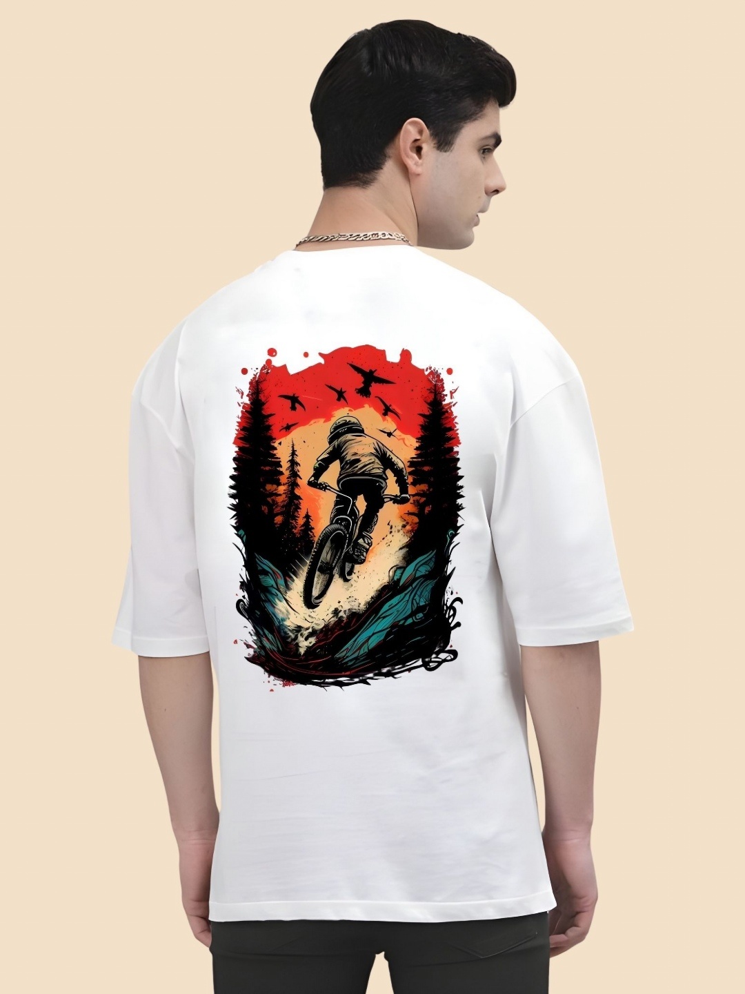 

SZN Men Graphic Printed Round Neck Cotton Oversized T-shirt, White