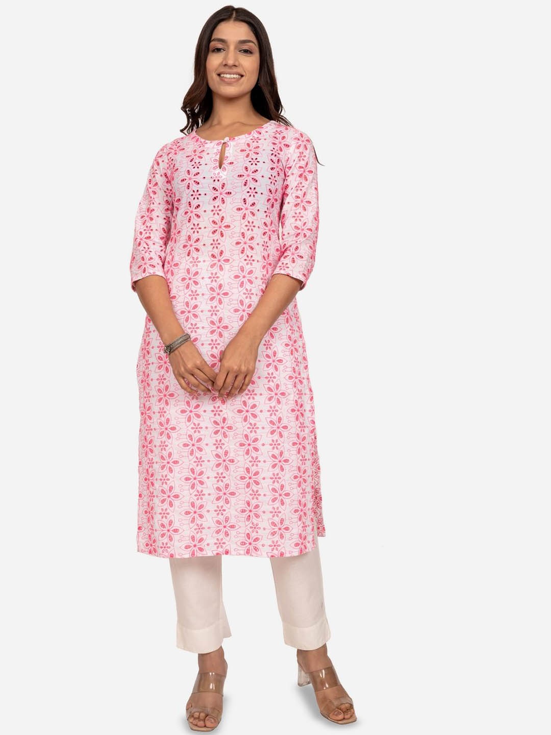 

INDIE JHOLA Floral Printed Keyhole Neck Pure Cotton Straight Kurta, Pink