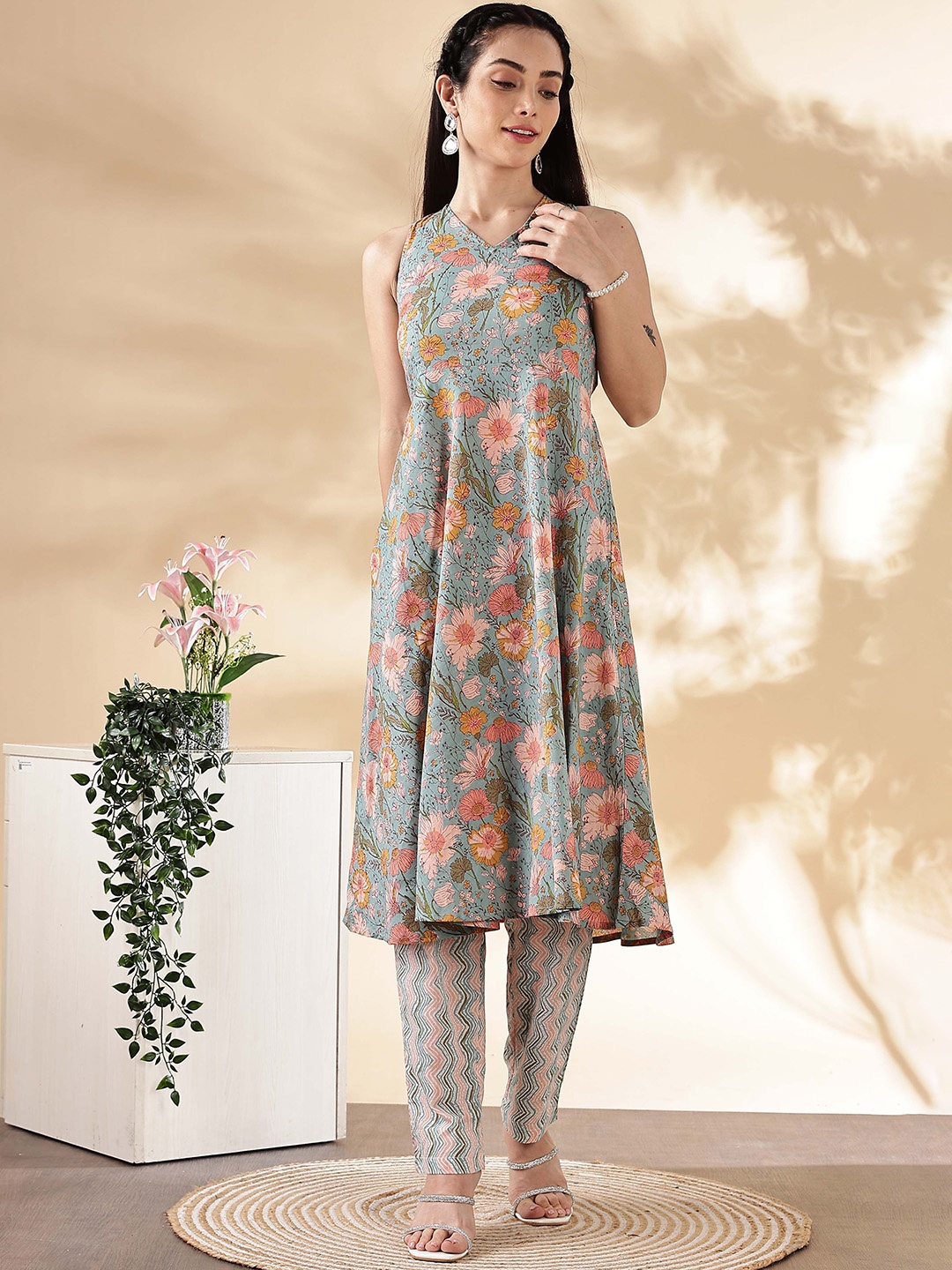 

Anouk Floral Printed V-Neck Styled Back Pure Cotton A-Line Kurta With Trousers, Blue