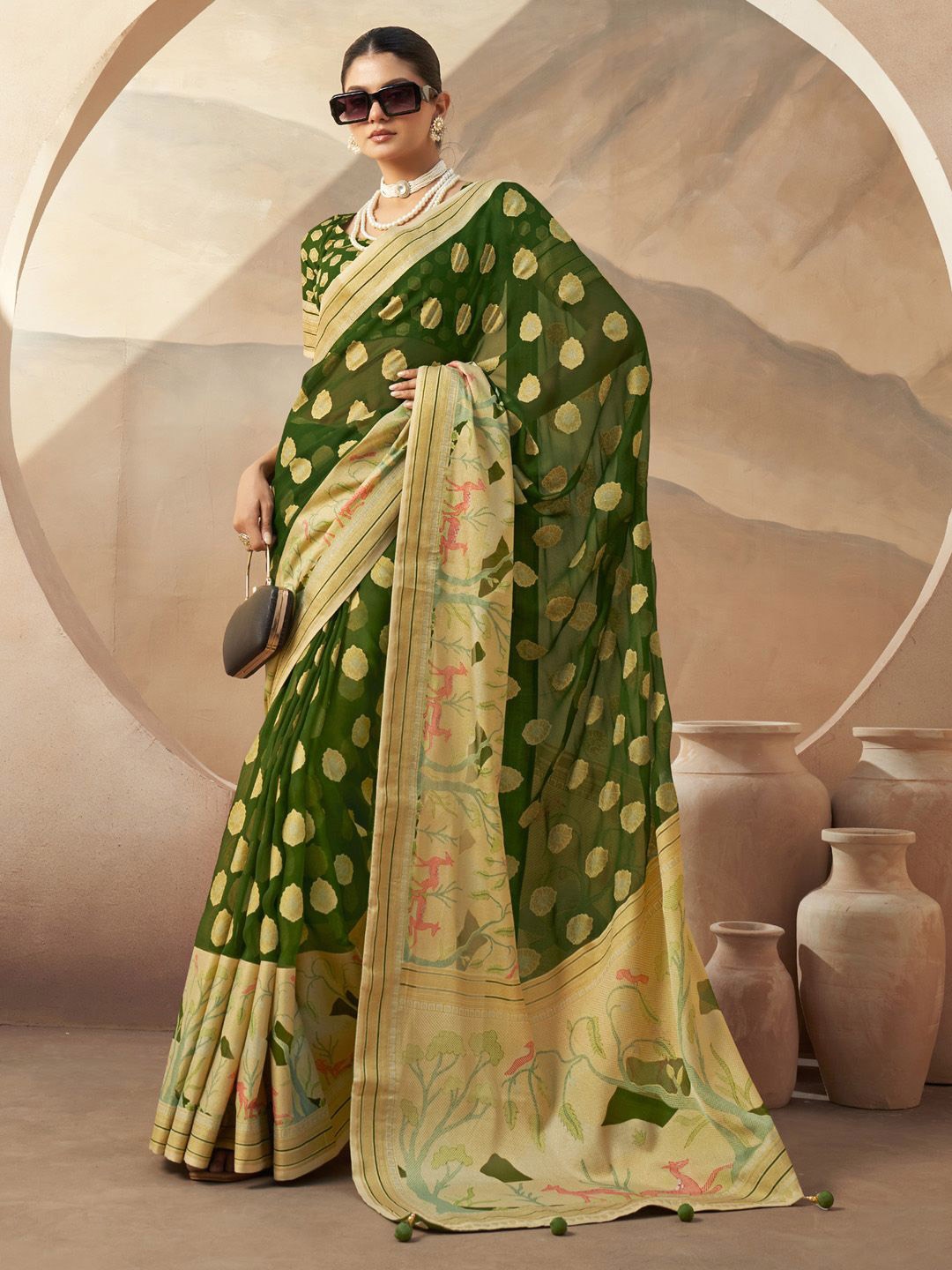 

Anouk Kalamkari Poly Georgette Saree, Olive