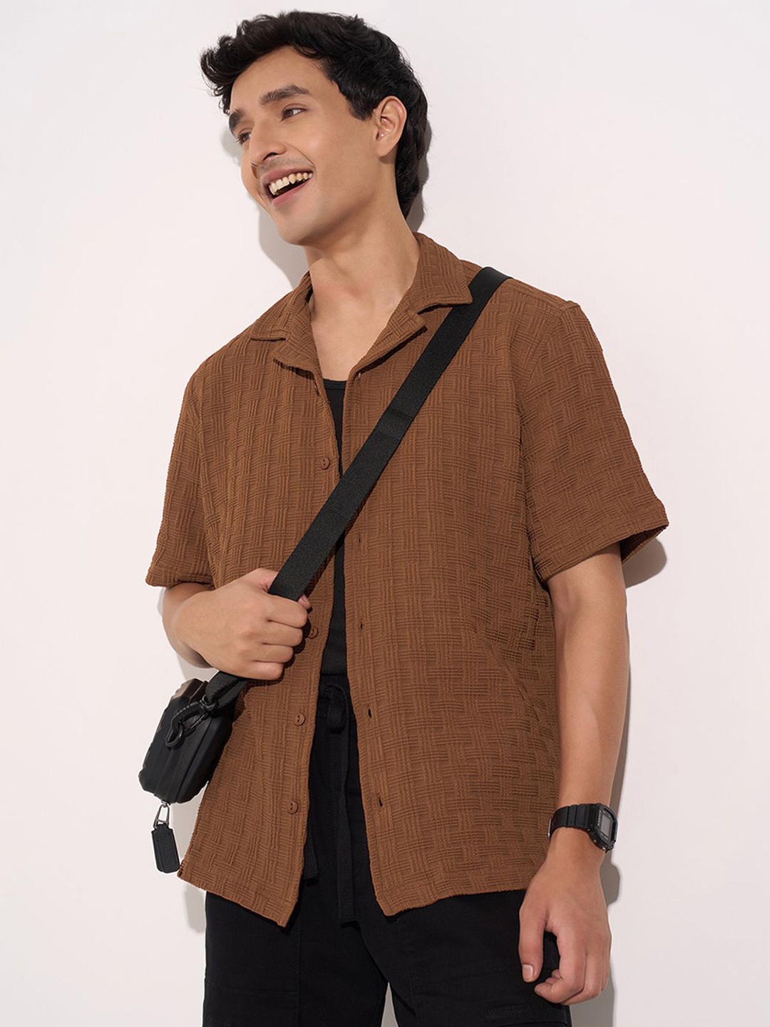 

People Men Grid Tattersall Checks Opaque Casual Shirt, Tan