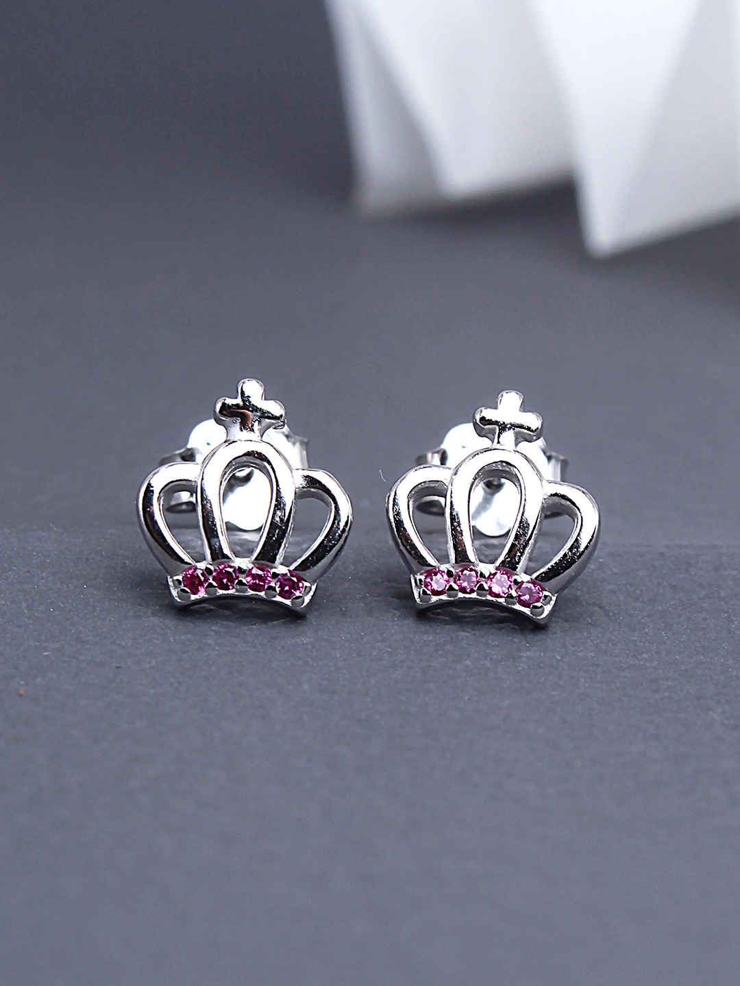 

DEVASHREE 925 Sterling Silver Rhodium-Plated CZ Studded Crown Shaped Studs, Red