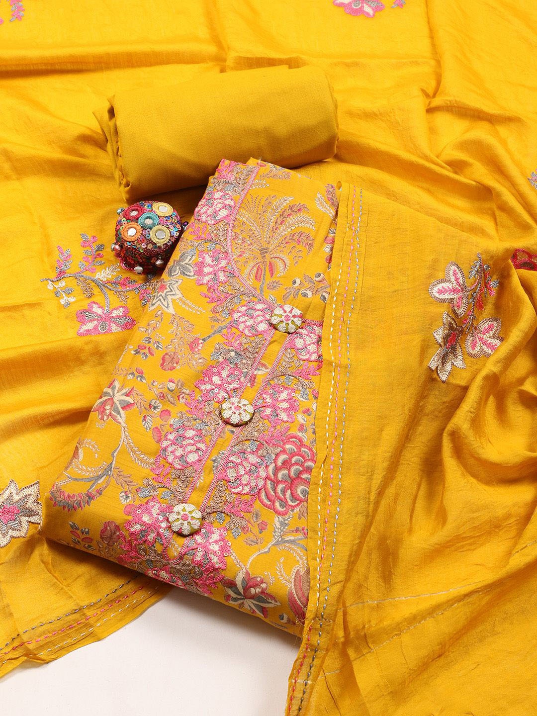 

Meena Bazaar Floral Printed Sequinned Unstitched Dress Material, Mustard