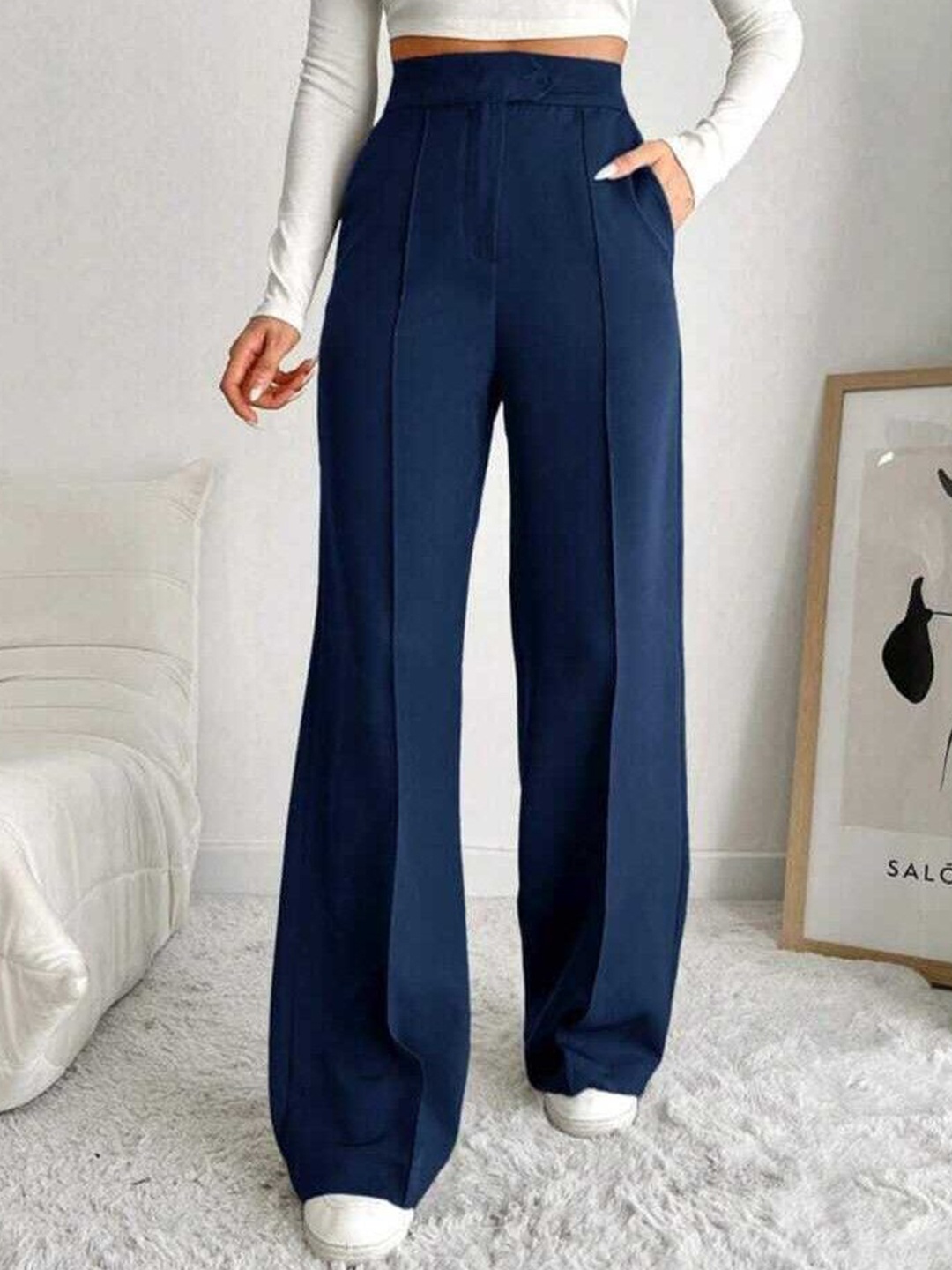 

BROADSTAR Women Smart Straight Fit High-Rise Easy Wash Pleated Trousers, Navy blue