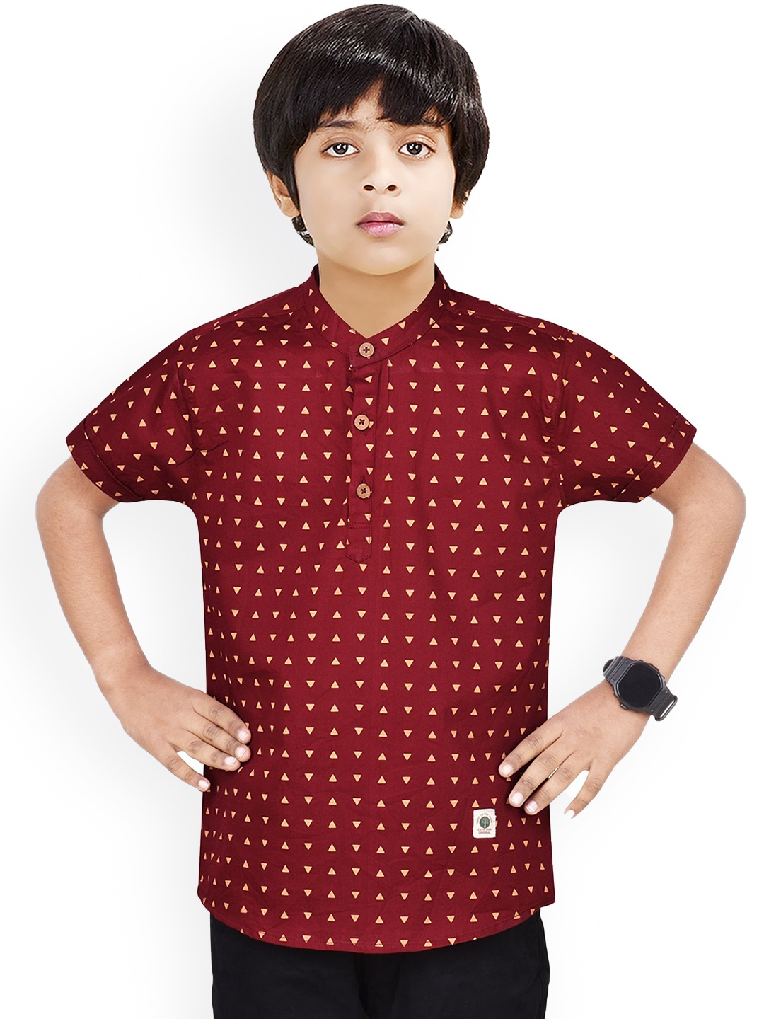 

MADE IN THE SHADE Boys Geometric Printed Band Collar Cotton Straight Kurta, Maroon