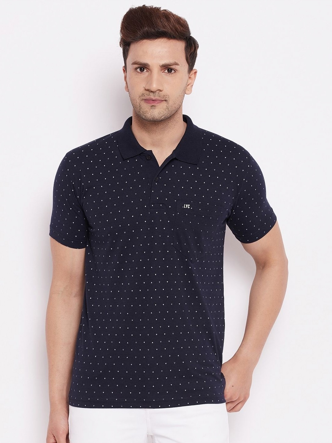 

LYCOS Men Geometric Printed Polo Collar Cotton T-shirt, Navy blue