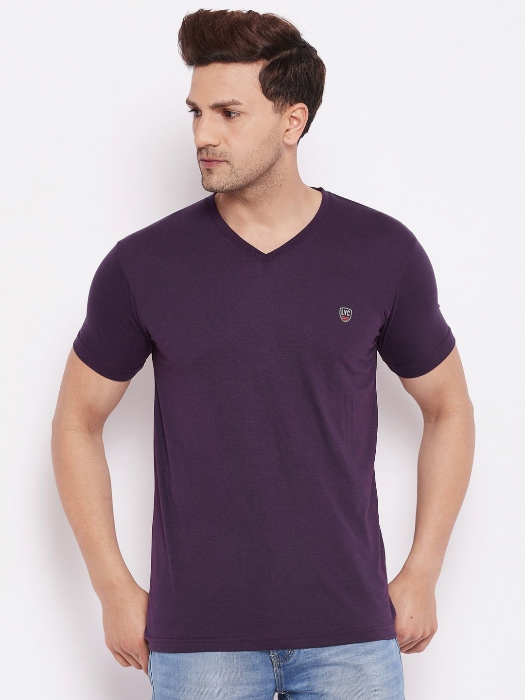 

LYCOS Men Solid V-Neck Cotton T-shirt, Purple