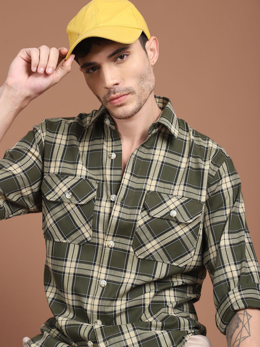 

Indian Needle Men Classic Tartan Checks Opaque Checked Casual Shirt, Olive
