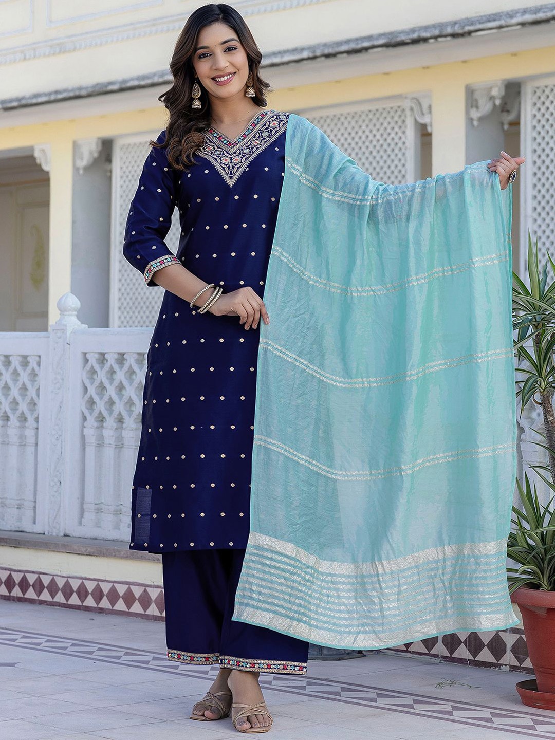 

KALINI Floral Embroidered V-neck Straight Kurta With Trousers And Dupatta, Navy blue