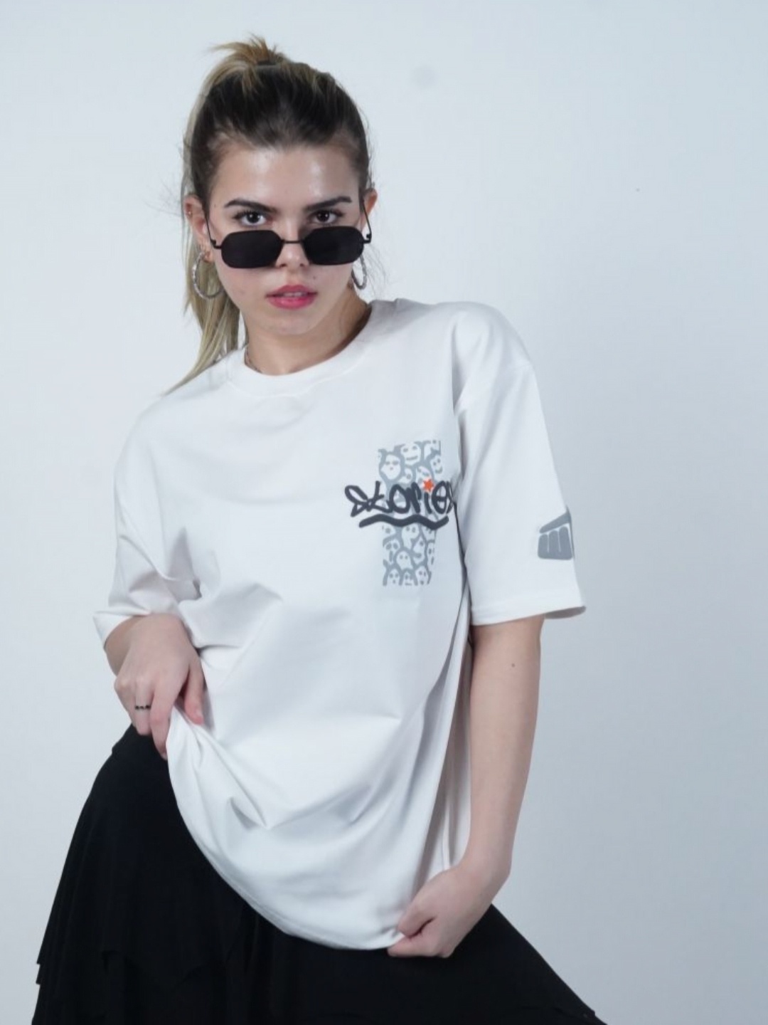 

WHAT THE FLEX Unisex Graphic Printed Round Neck Cotton Oversized T-shirt, White