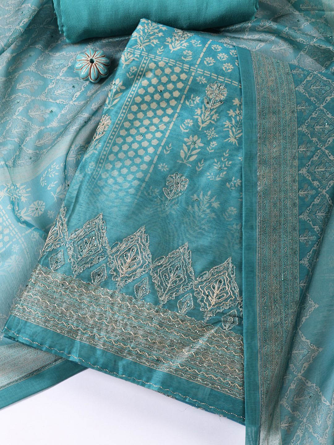 

Meena Bazaar Ethnic Motifs Printed Zari Work Chanderi Unstitched Dress Material, Blue