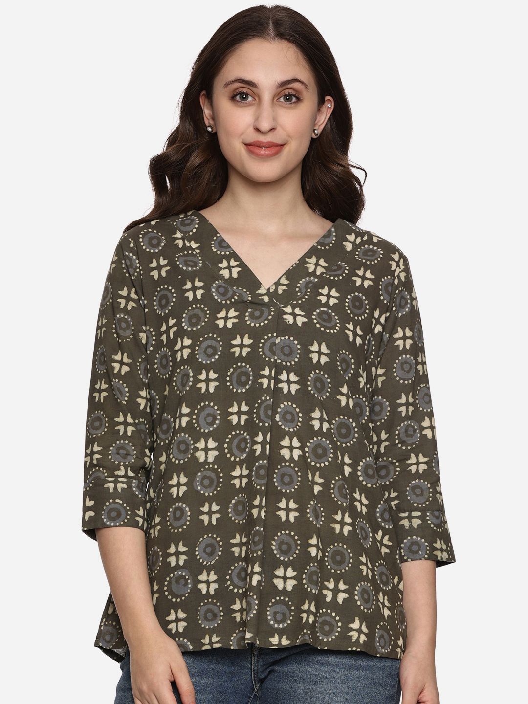 

Indyvarna Floral Cotton Top, Green