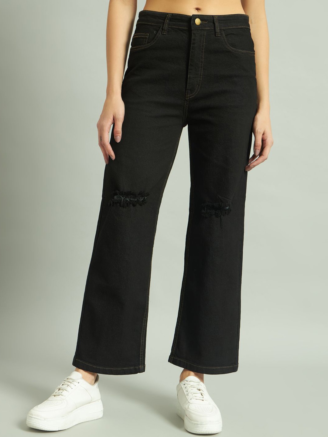 

Mast & Harbour Women Cotton Flared High-Rise Low Distress Stretchable Jeans, Black