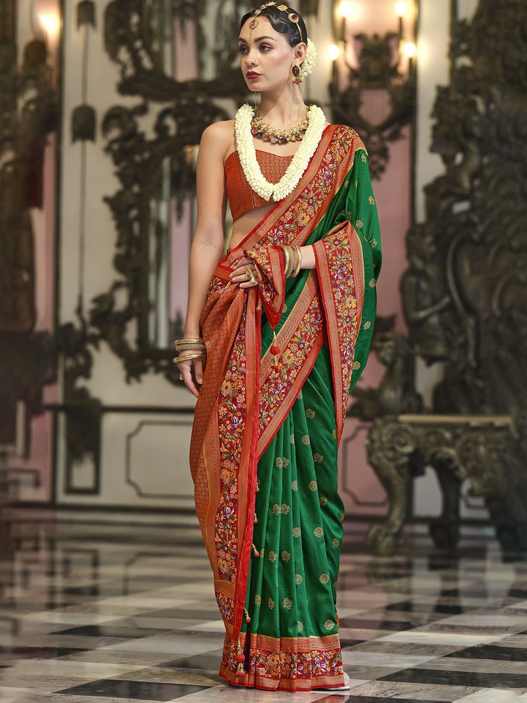 

MAHALASA Woven Design Zari Pure Silk Kanjeevaram Saree, Green