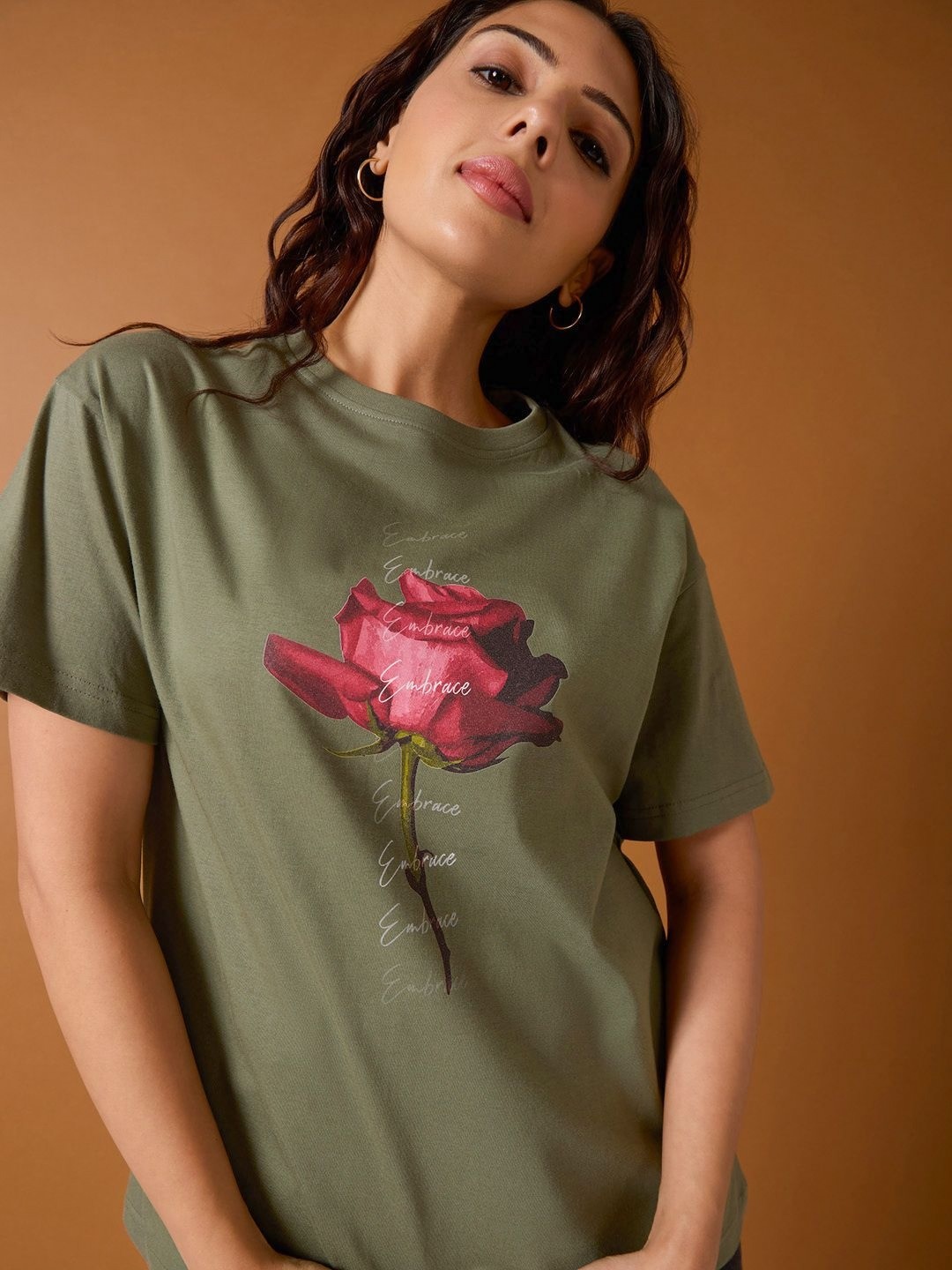 

Mast & Harbour Women Floral Printed Round Neck Cotton Oversized T-shirt, Olive