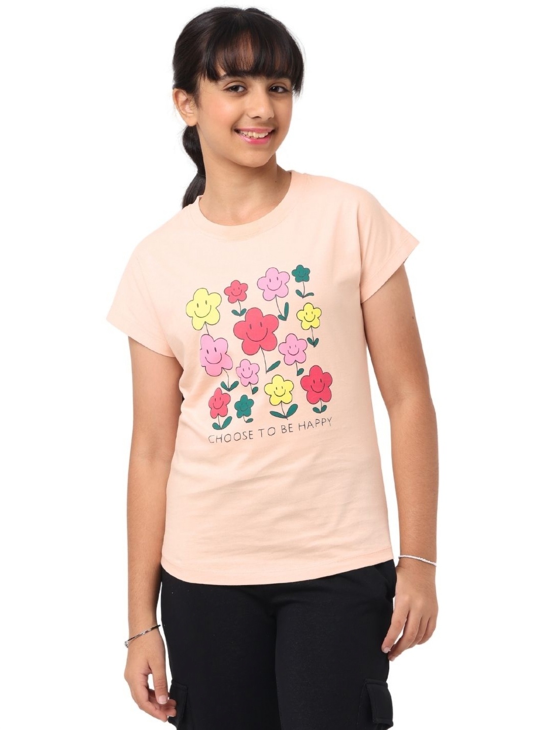 

Nuego Girls Bio Finish Floral Printed Round Neck Cotton T-shirt, Peach