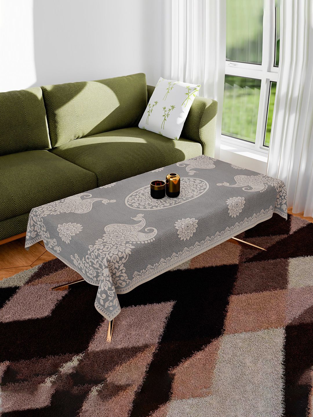

Kuber Industries Brown & Off White Peacock Cotton 4-Seater Table Cover