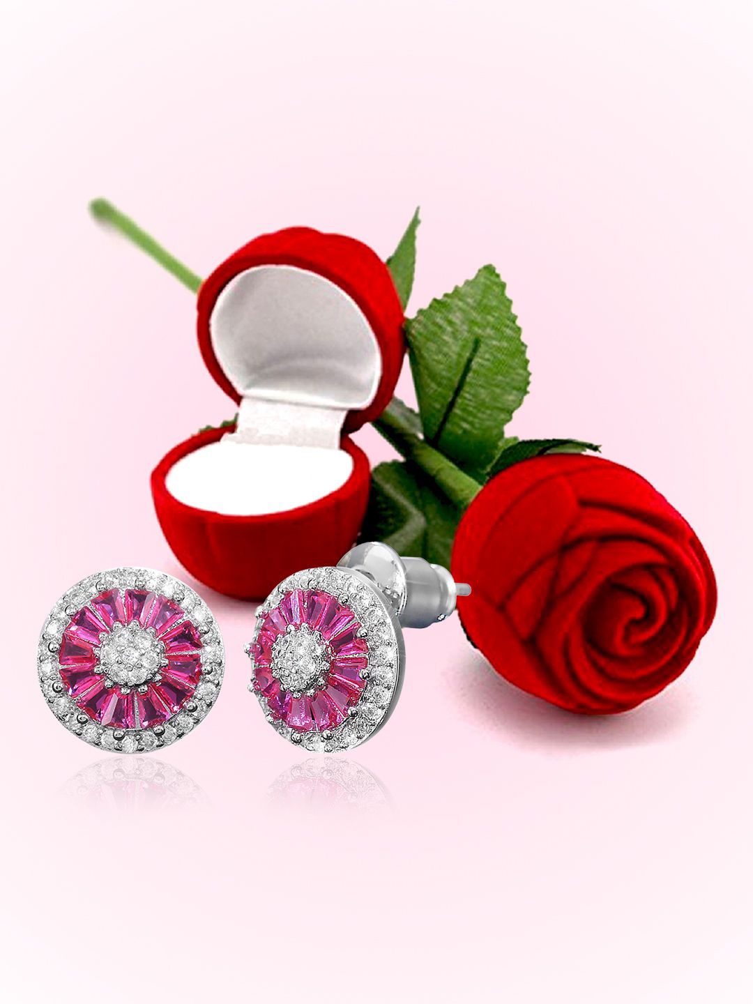 

Peora Silver-Plated Cubic Zirconia Studded Circular Studs With Rose Jewellery Box