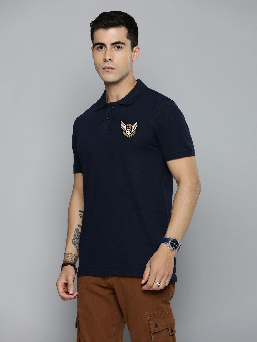 

R.Code by The Roadster Lifestyle Co. Men Regular Fit Solid Polo Collar Cotton T-shirt, Navy blue