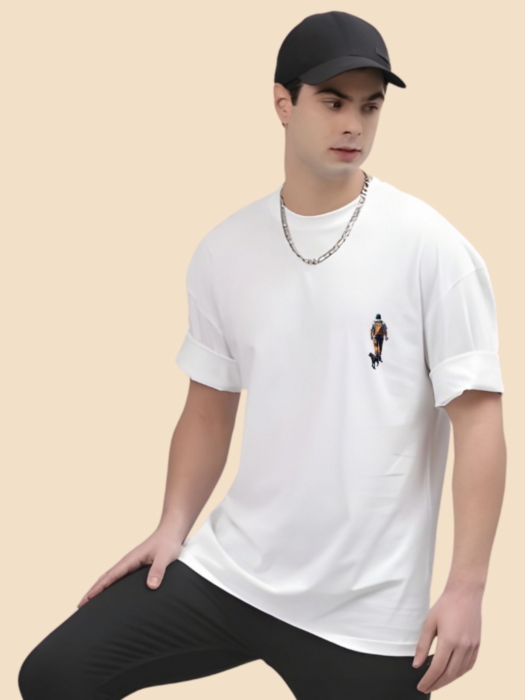 

SZN Men Graphic Printed Round Neck Cotton Oversized T-shirt, White