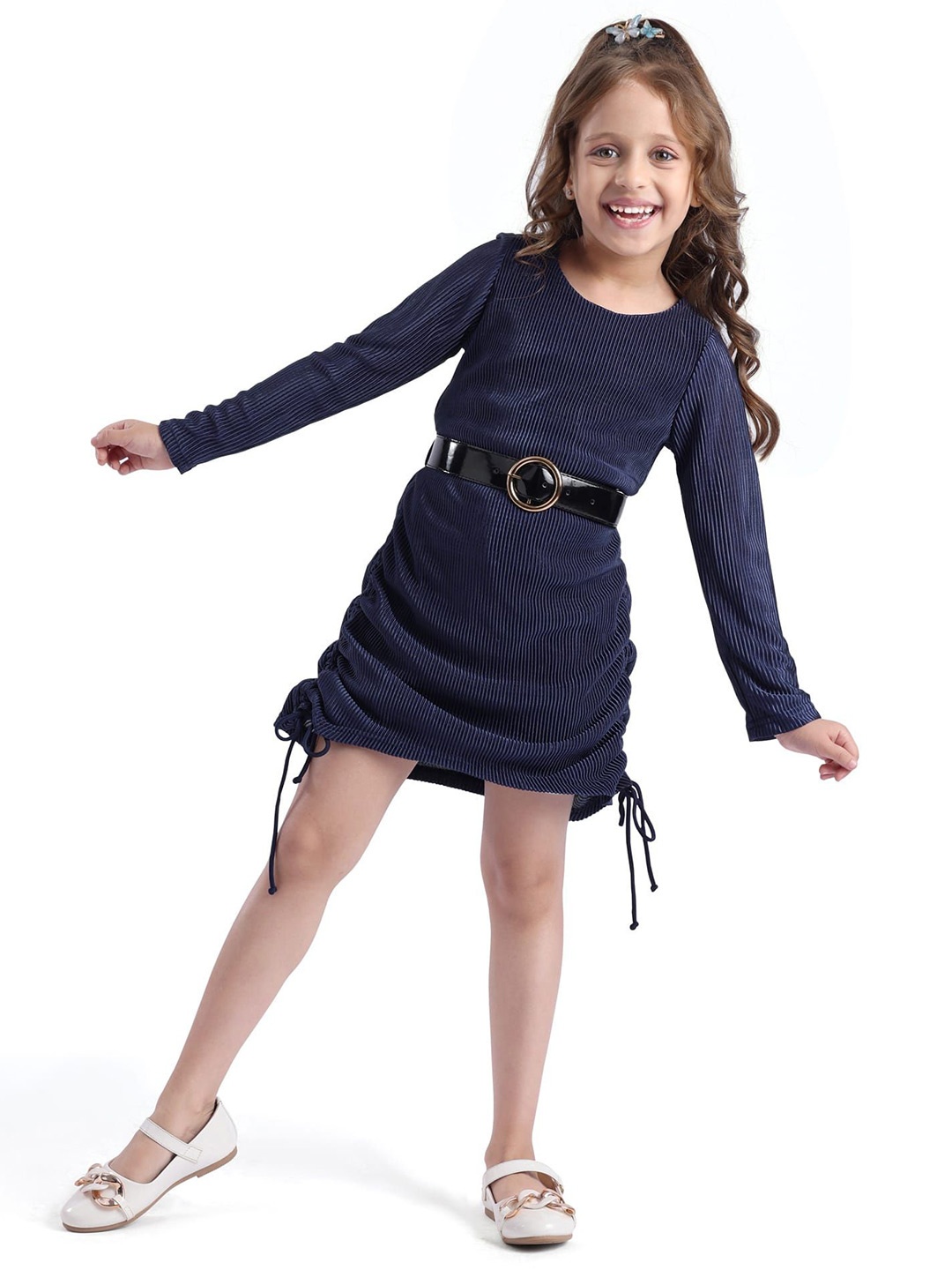 

Hola Bonita Girls Full Sleeves Ribbed A-Line Dress, Navy blue
