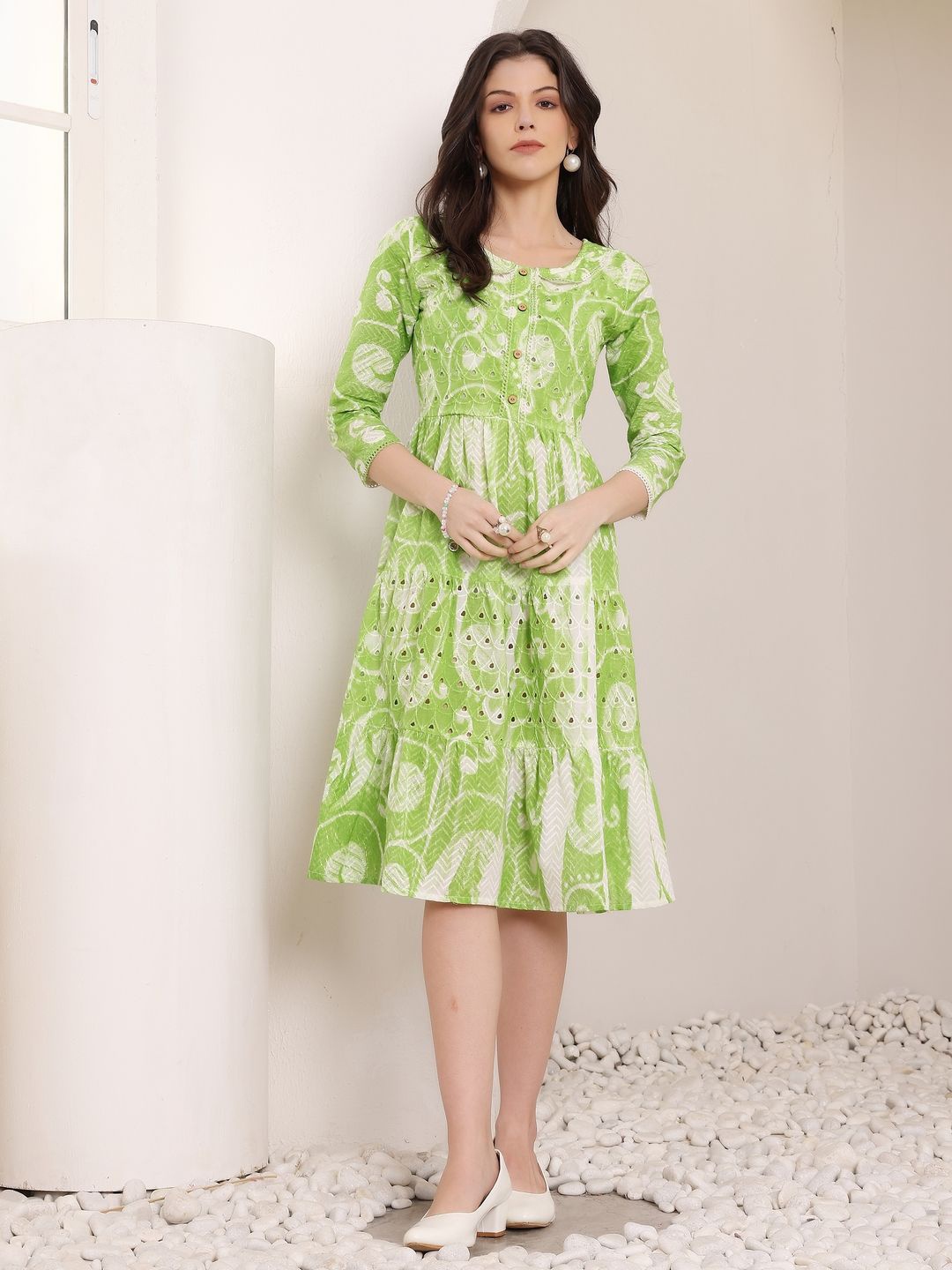 

all about you Women Floral Print Schiffli Peter Pan Collar Fit & Flare Dress, Green