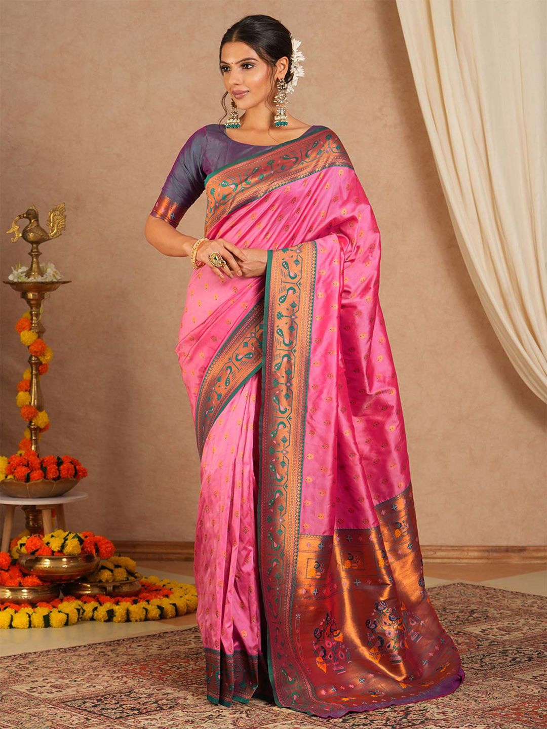 

Anouk Woven Design Zari Silk Blend Paithani Saree, Pink