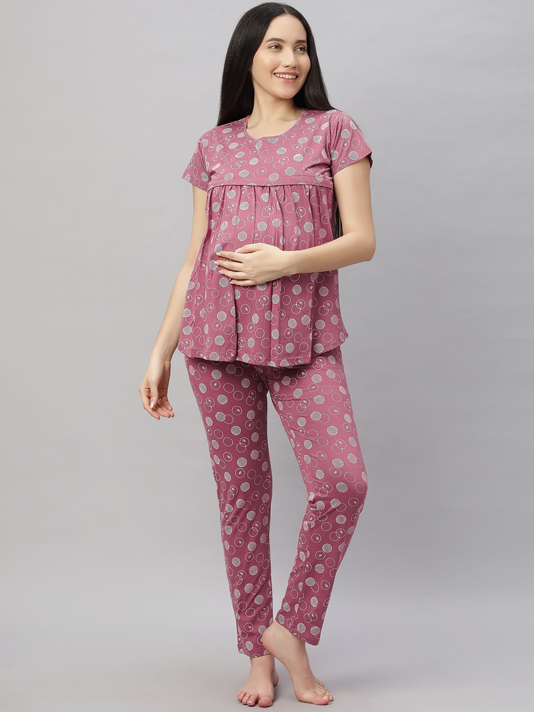 

DZZO Women Printed Night suit, Pink