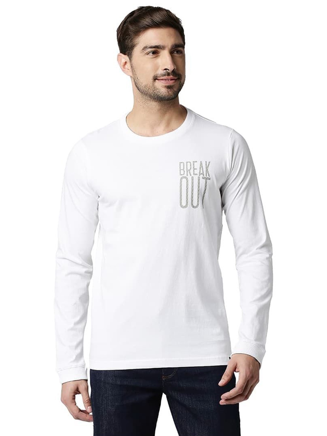 

Basics Men Typography Printed Round Neck Cotton T-shirt, White