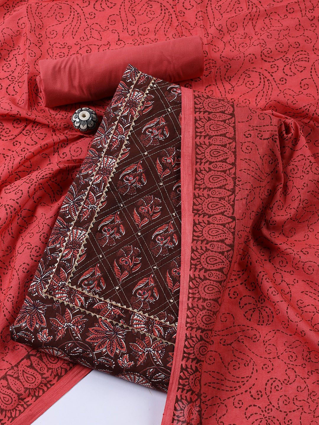 

Meena Bazaar Floral Printed Mirror Work Cotton Unstitched Dress Material, Burgundy