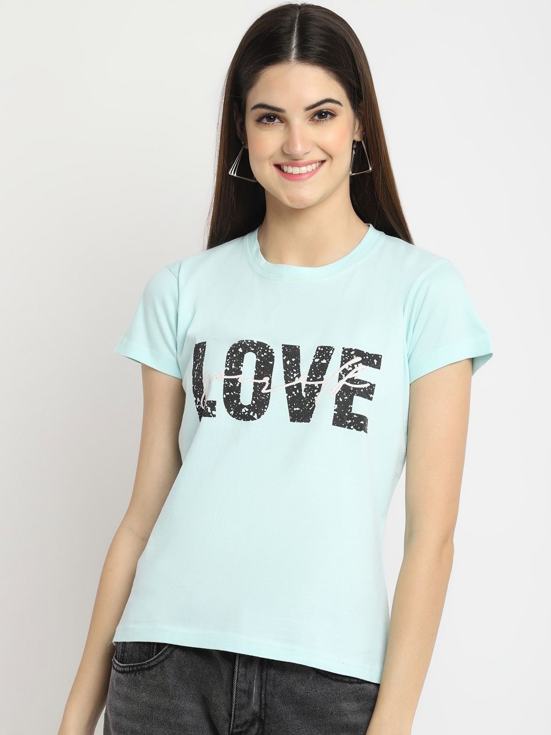 

Tromko Women Typography Printed Round Neck Regular Fit Cotton T-shirt, Blue