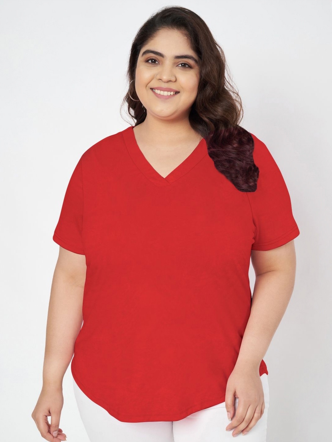 

BRINNS Women Plus Size Solid V-Neck Cotton T-shirt, Red