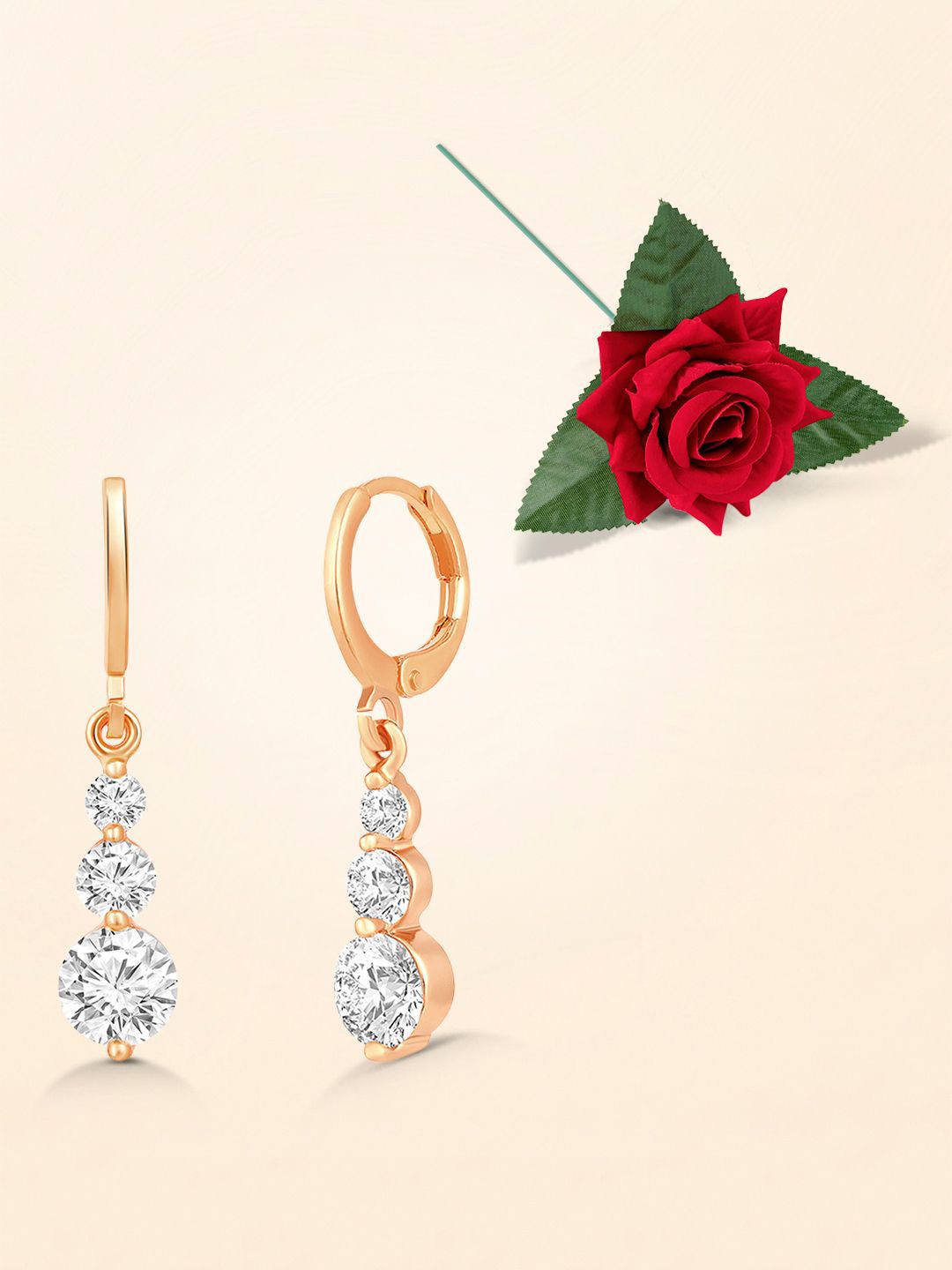

Peora Gold-Plated Cubic Zirconia Studded Contemporary Drop Earrings With Red Rose