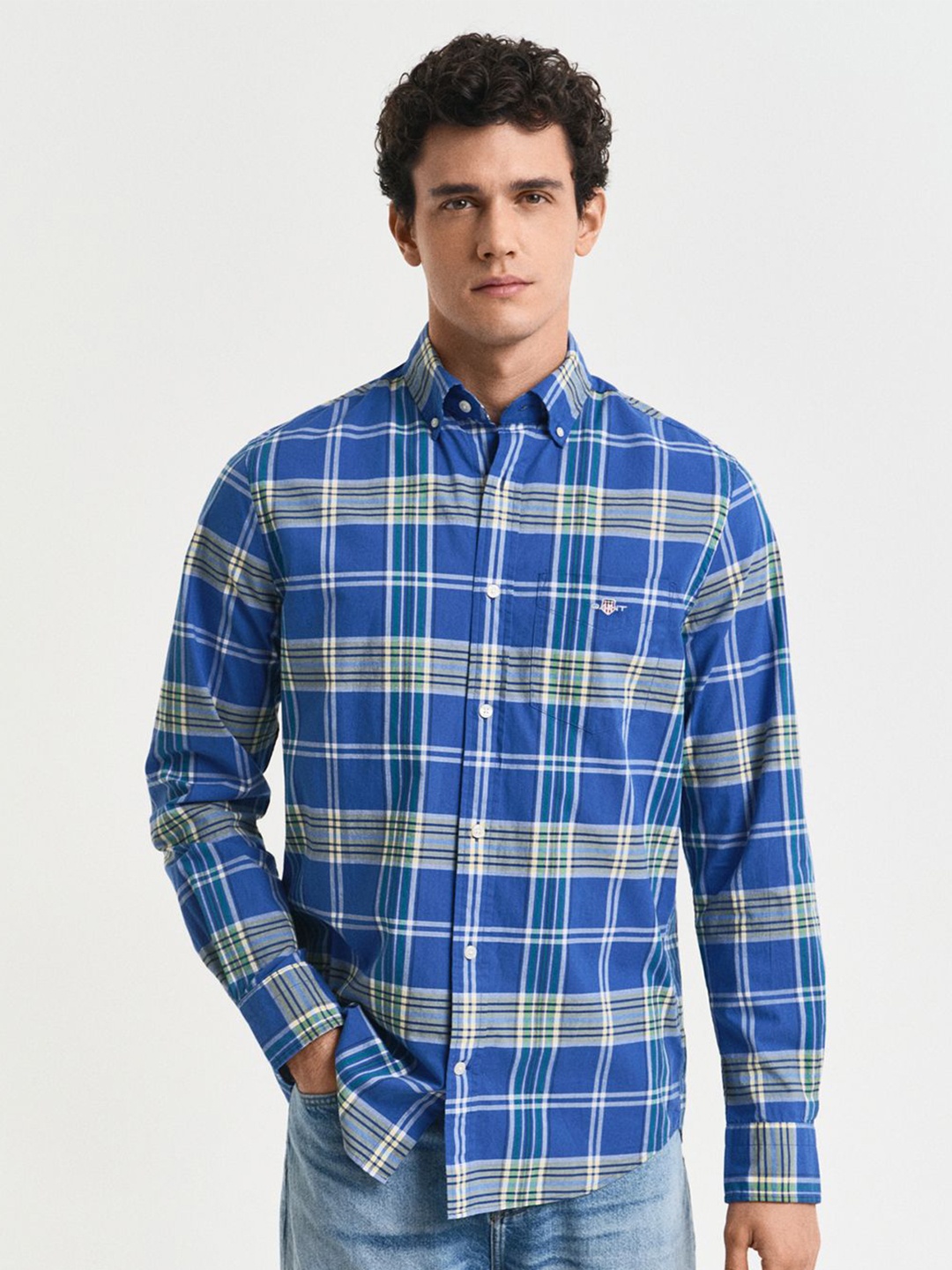 

GANT Men Button-Down Classic Poplin Checked Cotton Shirt, Blue