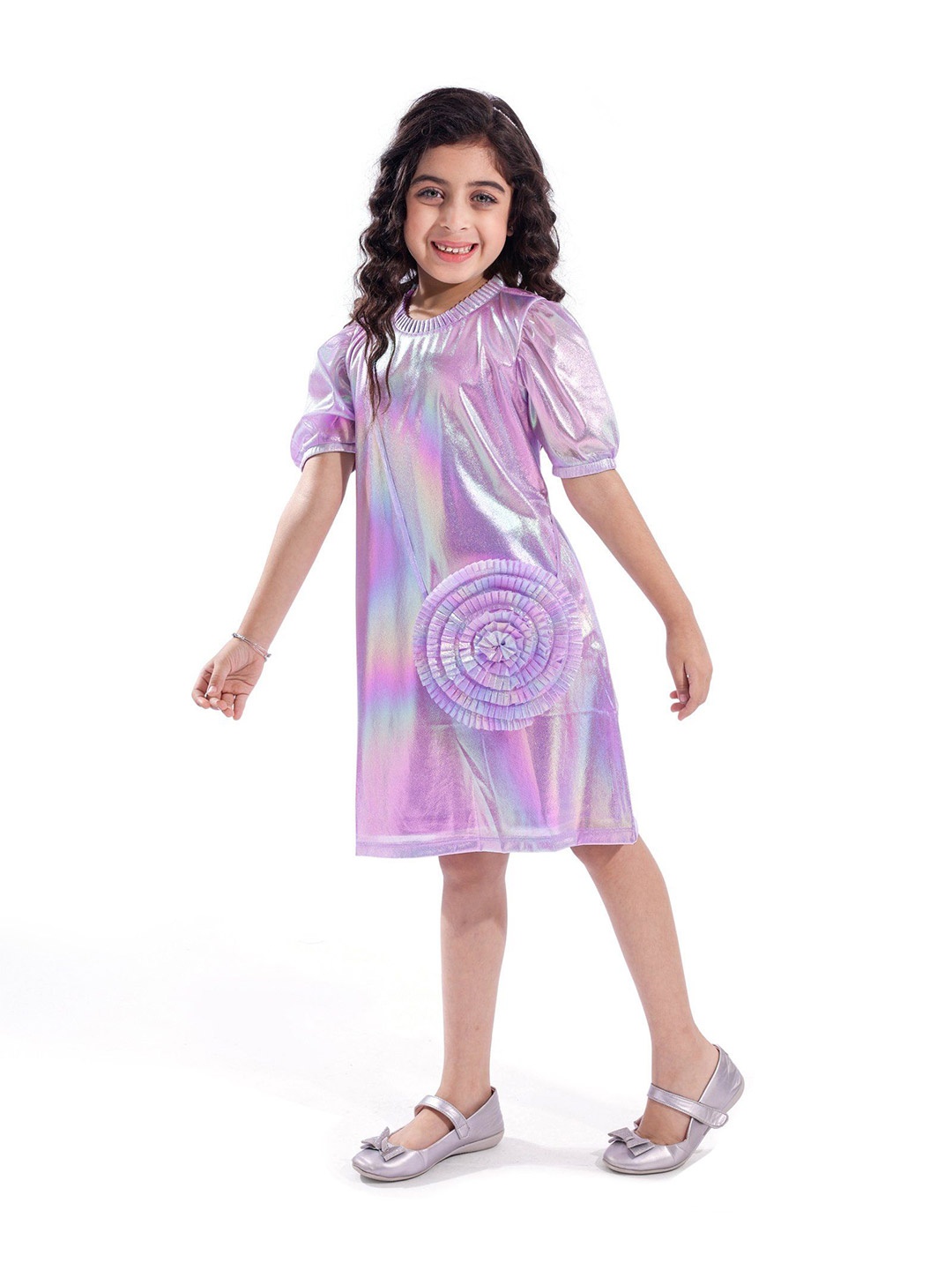 

Hola Bonita Girls Puffed Sleeves Shift Dress In Shimmer Fabric With Sling Bag, Lavender