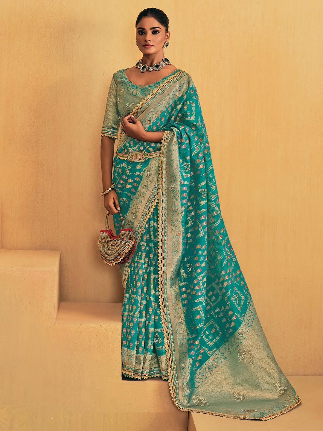 

MAHALASA Ethnic Motifs Zari Art Silk Handloom Saree, Turquoise blue