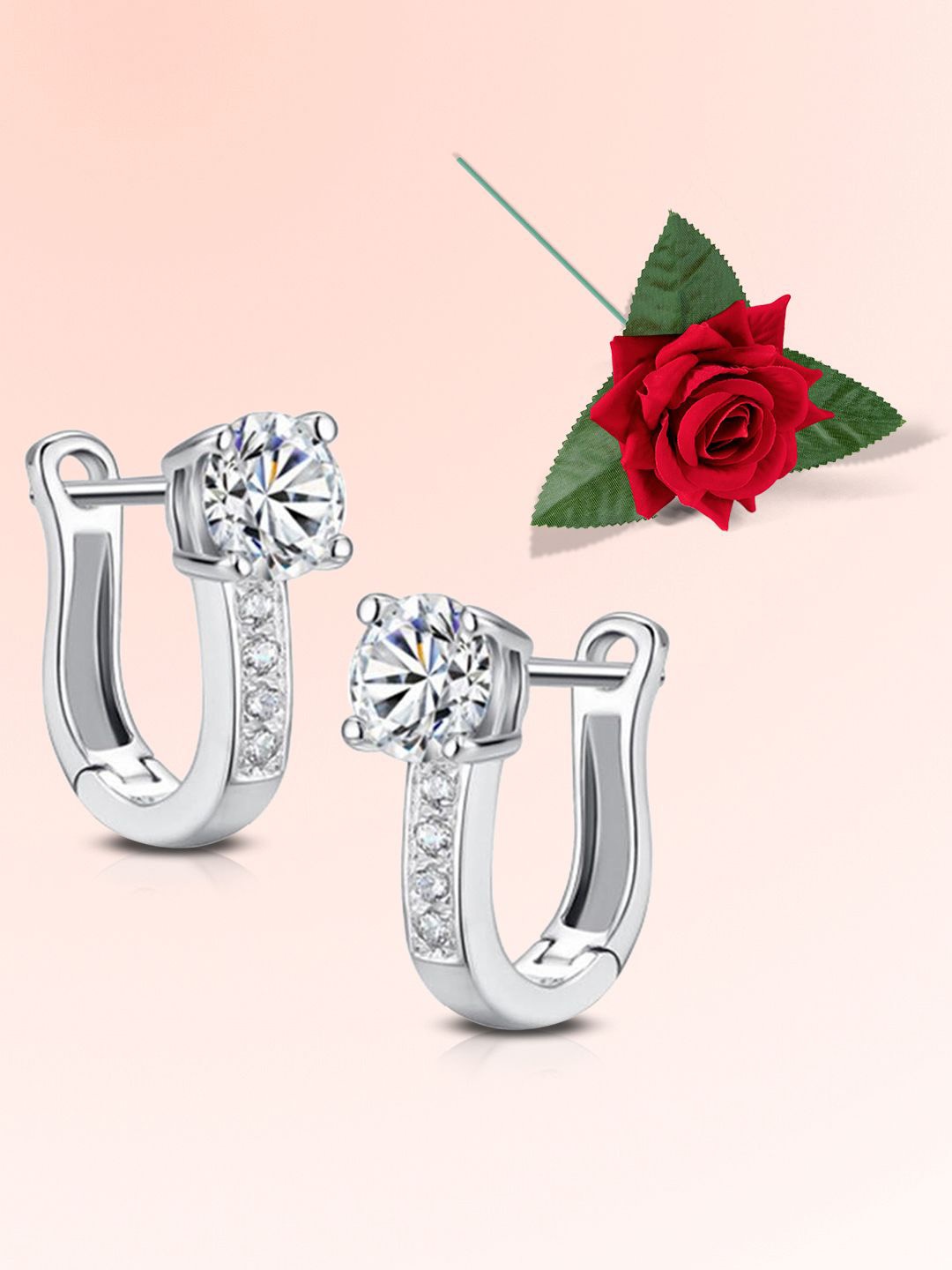 

Peora Silver-Plated Crystals & Solitaire Studded Contemporary Hoop Earrings & Red Rose Box