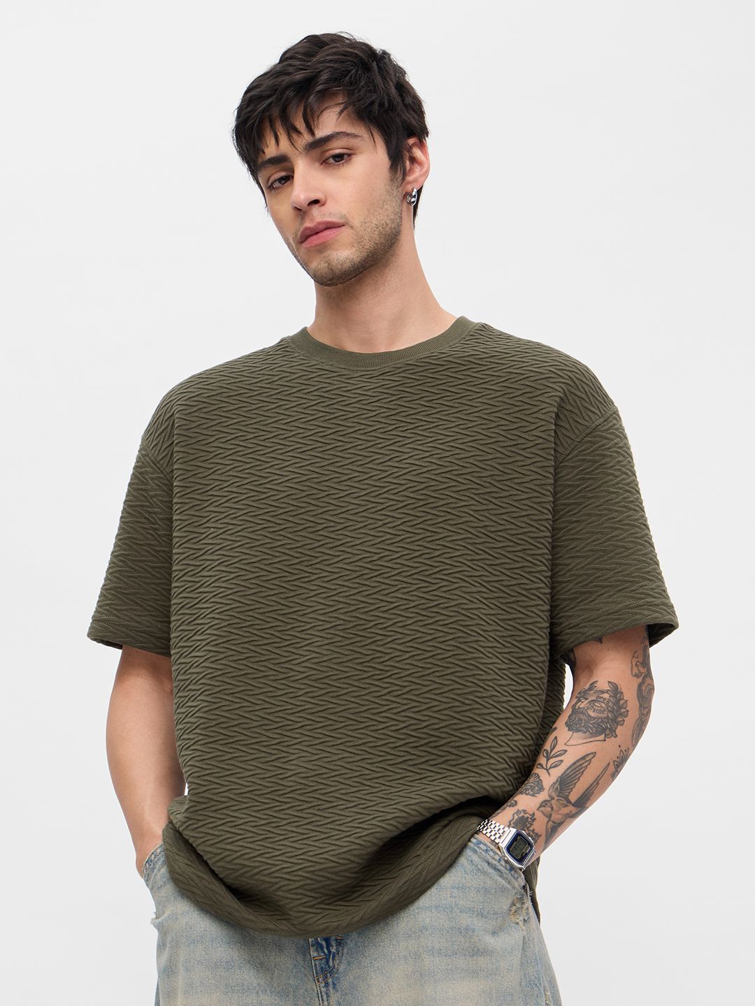 

The Souled Store Men Self Design Round Neck Cotton Oversized T-shirt, Olive