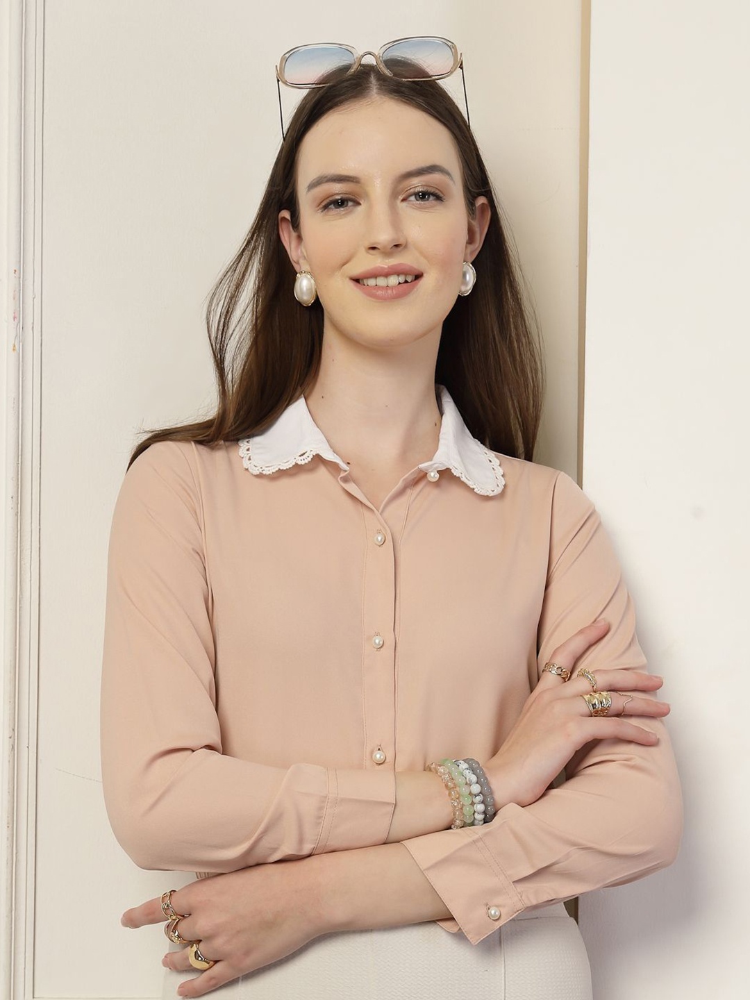 

Style Quotient Women Smart Opaque Colourblocked Formal Shirt, Nude
